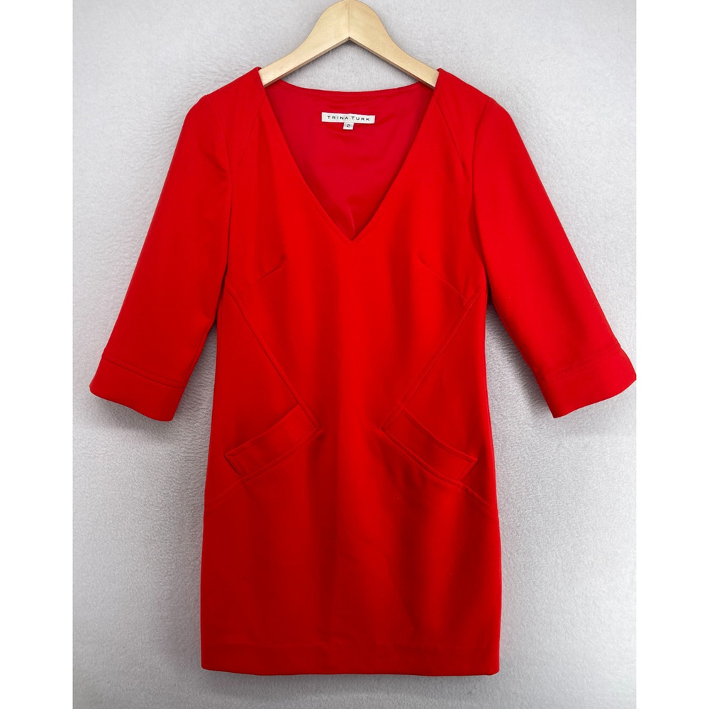 TRINA TURK Dress 2 Silvia Sheath Mini Crepe V-Neck Slit 3/4 Sleeve Red - Picture 1 of 14